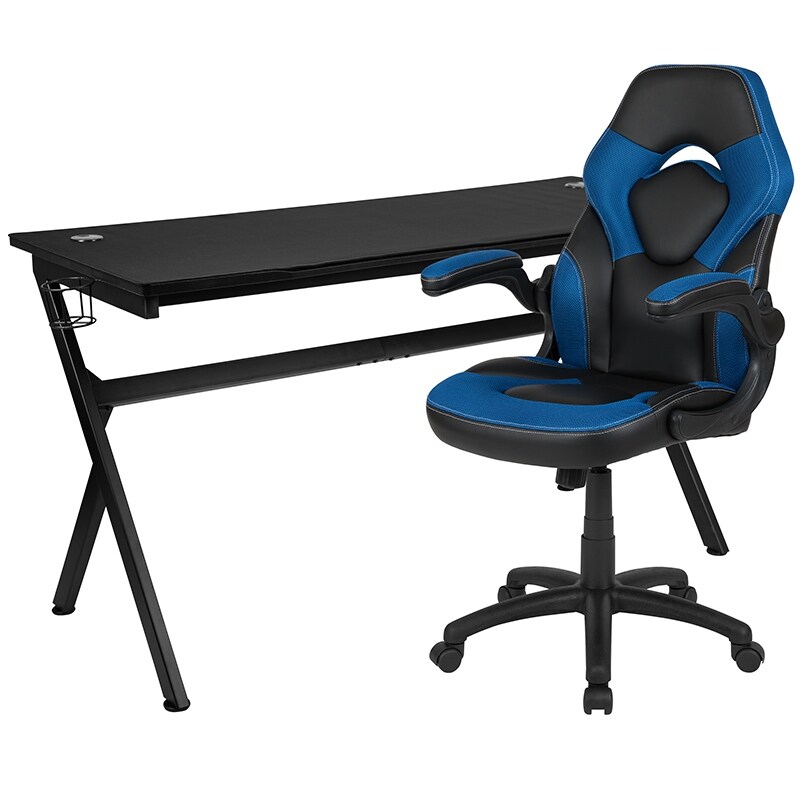 Offex Rectangle Gaming Desk and Racing Chair Set w/ CupHolder-Blue/Black (Powder Coated - Black)