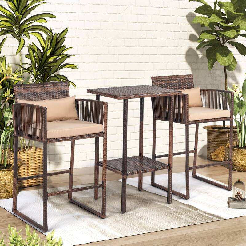 Patio 3-Piece PE Wicker Bar Set with Cushions