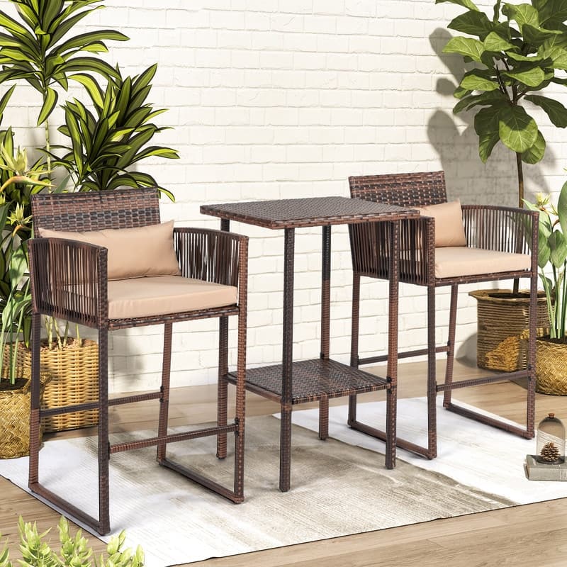 Patio 3-Piece PE Wicker Bar Set with Cushions