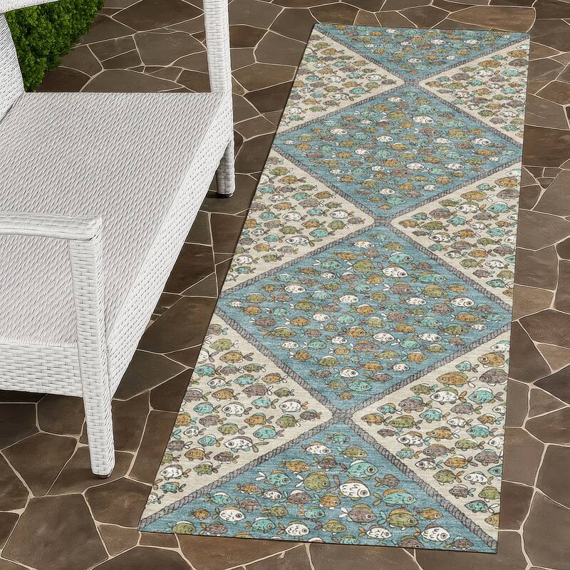 Machine Washable Indoor/ Outdoor Diamond Fish Chantille Rug - Teal - 2'3" x 7'6"