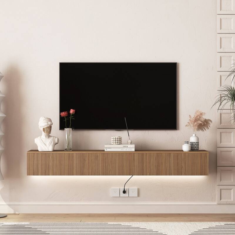 69" Wall Mounted TV for TVs up to 65'', Floating TV Stand with LED Lights & Power Outlet - Brown