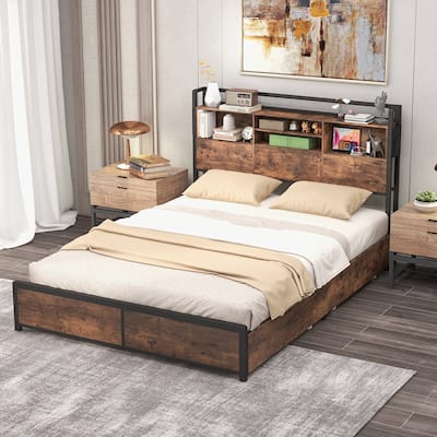 Gymax Full Size Bed Frame w/ Bookcase Headboard & 4 Storage Drawers