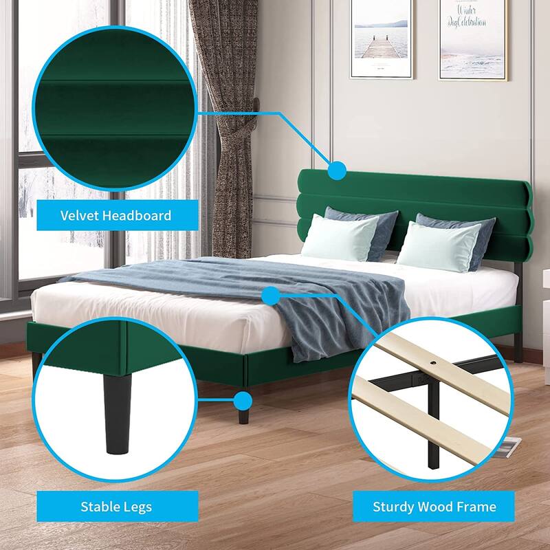 Mixoy Fabric Padded Bedroom Furniture,Upholstered Bed Frame with Velvet Tufted Headboard