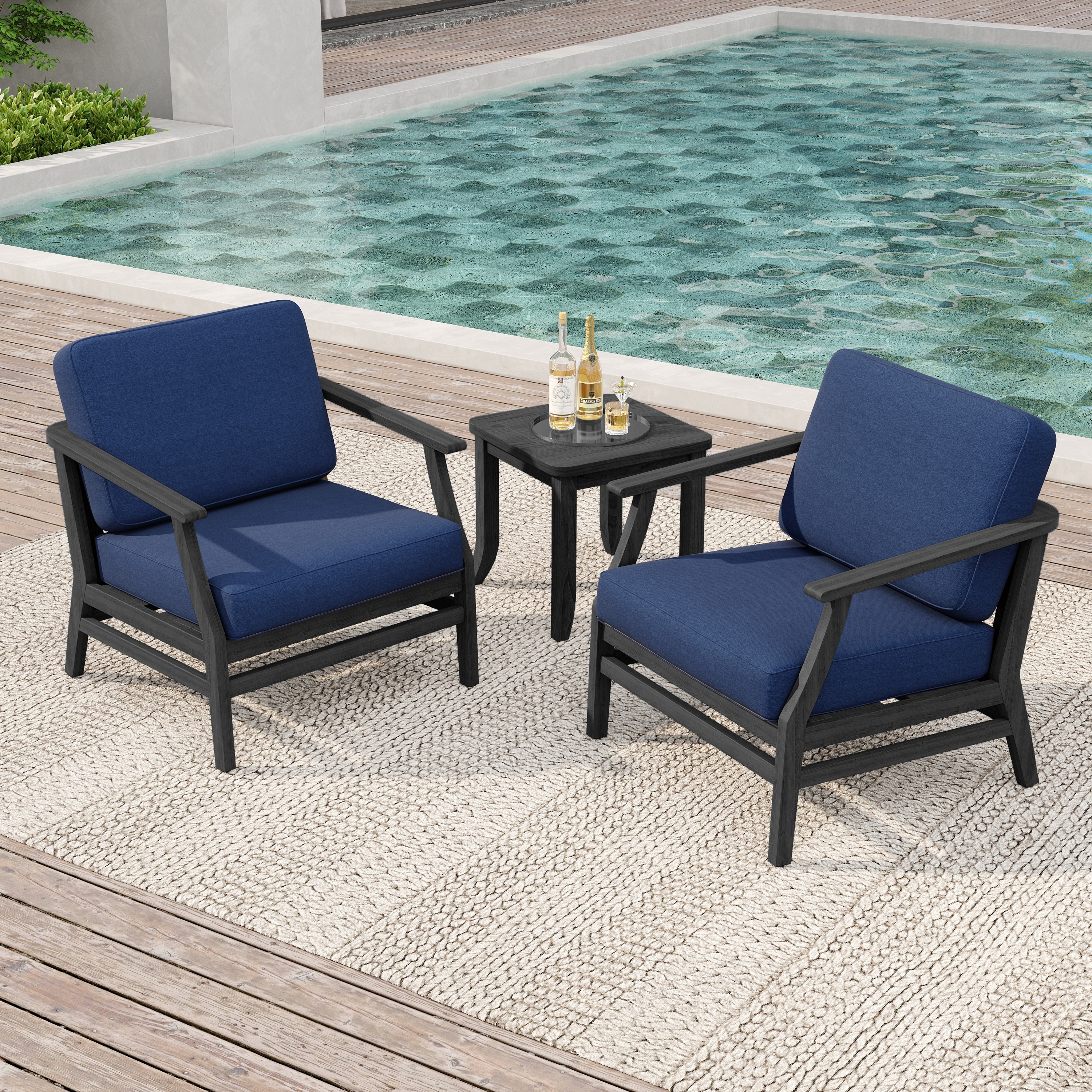 2 Set Patio Teak Wood Outdoor Chair and Side Table Set with Cushions