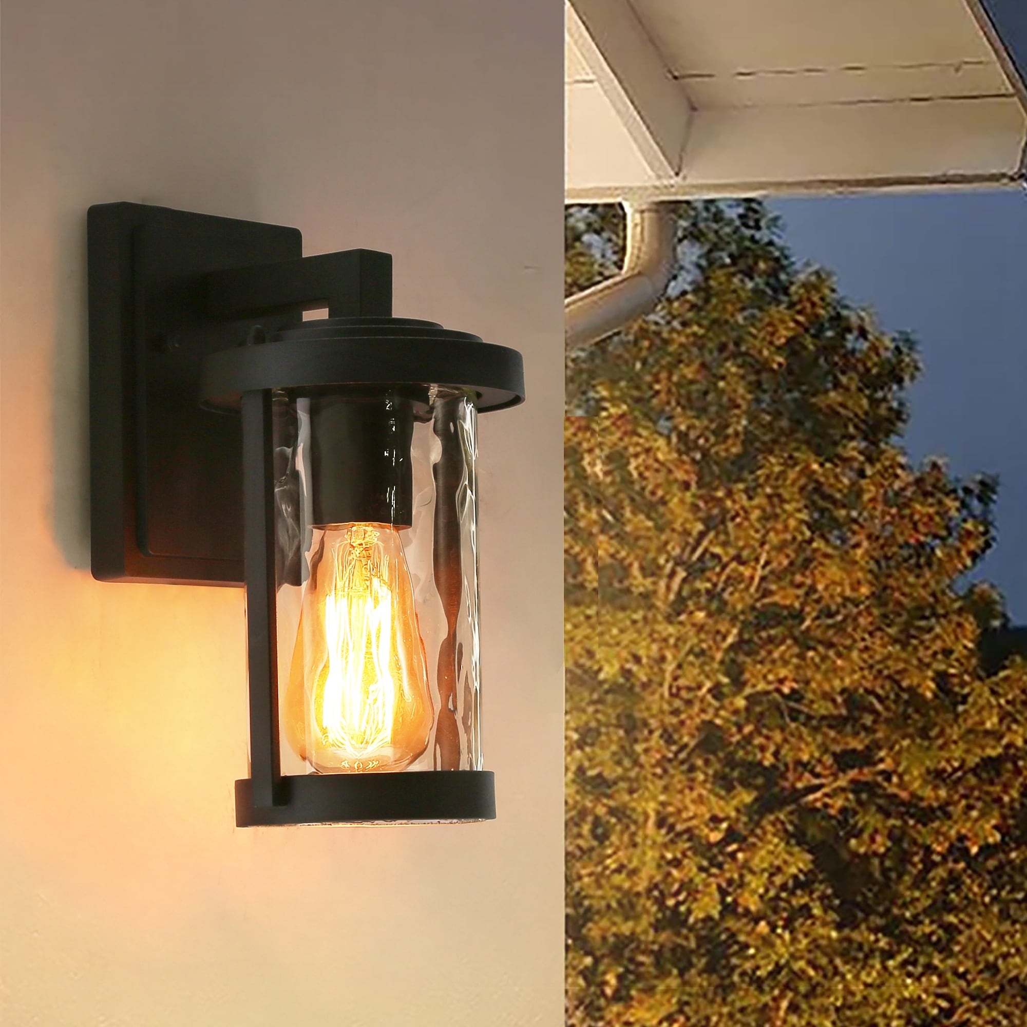 Black Modern Farmhouse Outdoor Wall Sconces with Rippled Glass 1 light Wall Lantern Exterior Lighting D5.5 X H 10.5 Textured Black