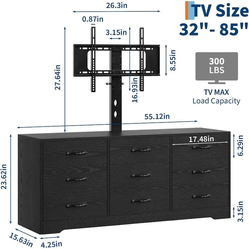 Modern 55" Media Console with 9 Drawers TV Stand with Mount for TVs Up to 85"