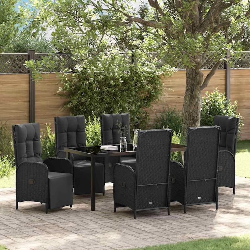 vidaXL Garden Dining Set with Cushion Black Poly Rattan - Black-22.44x24.61x42.91 in.