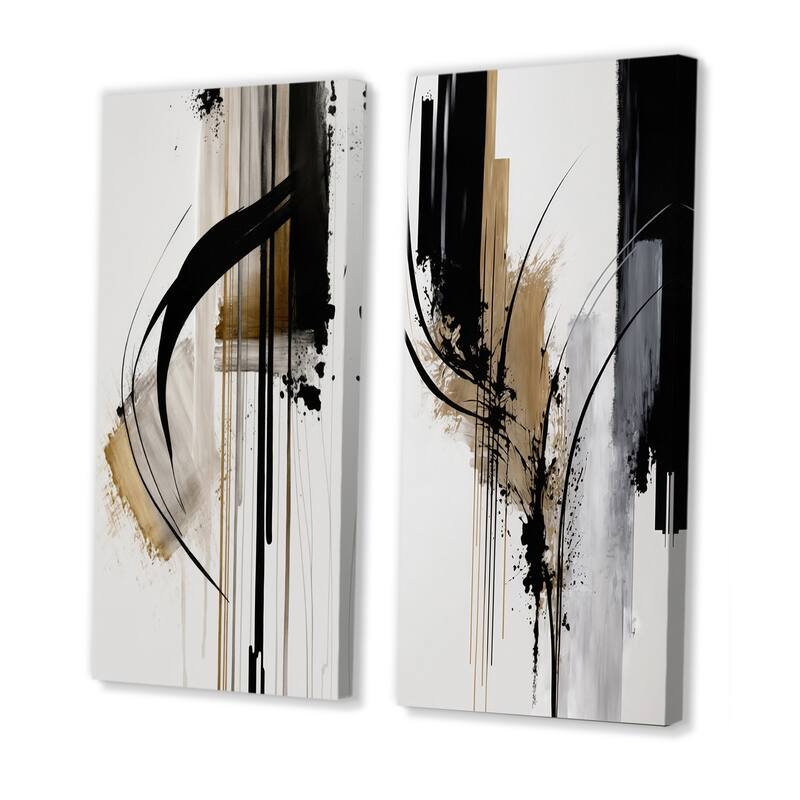 Designart "Black, White And Gold Expression I" Abstract Wall Art Set Of 2 Black Modern Gallery Set For Office Decor