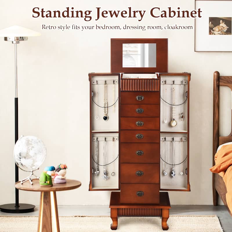 Brown 7 Drawers Wooden Jewelry Storage Cabinet with 1 Top Flip Mirror and 4 Compartments - 15"(L) x 9"(W) x 38.5"(H)