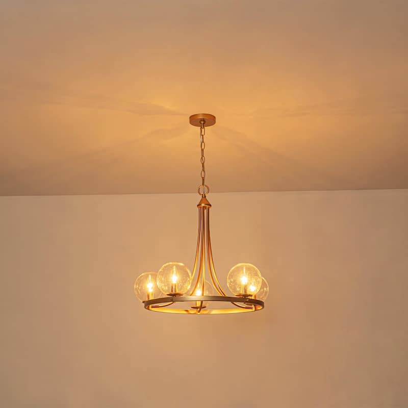 24.4" W 5-Light Mid-Century Modern Gold Wagon Wheel Ring Chandelier with Seeded Glass Globe Shades for Living & Dining Room