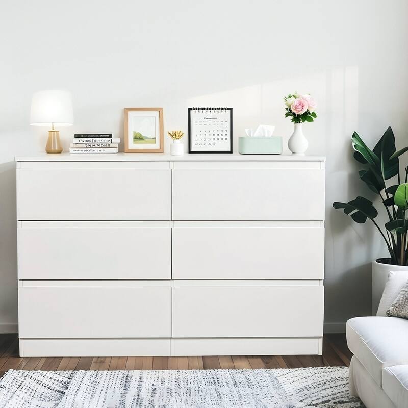 Modern 6-Drawer Dressing Table/Storage Cabinet with Concealed Handles, for Bedrooms, Living Rooms and Entryways, White