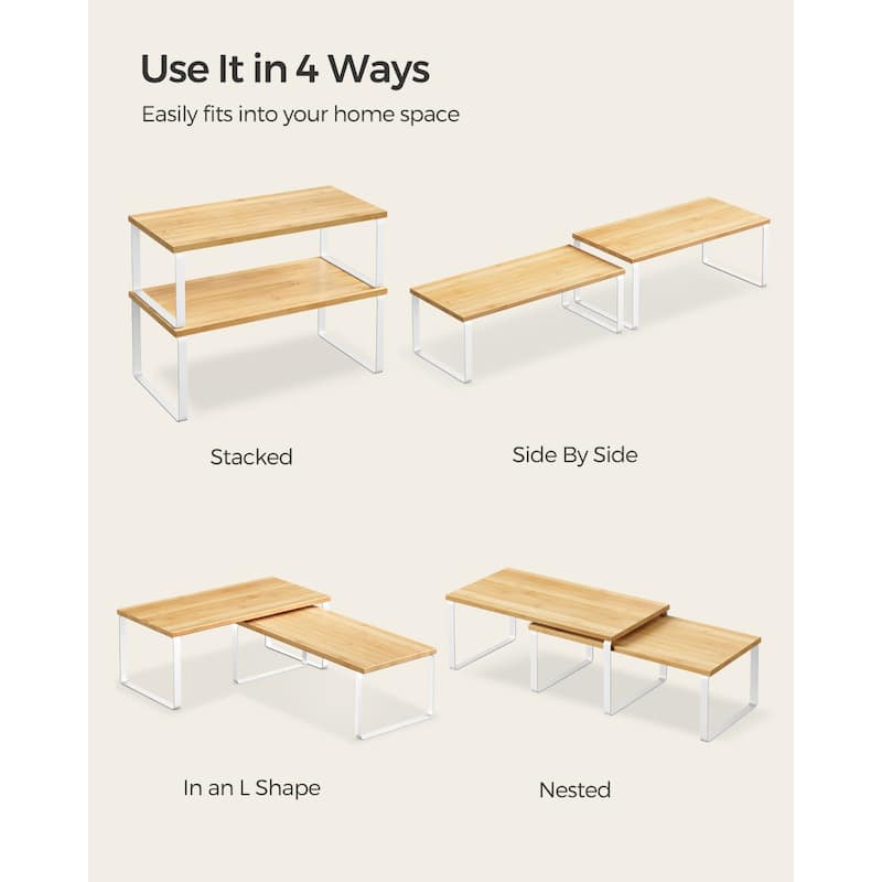 Set of 2 Two-Tier Wooden Kitchen Counter Shelves Organizers Perfect for Small Space