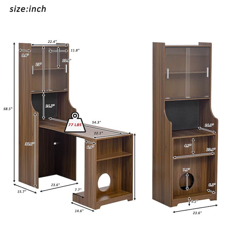 Foldable Wooden Desk with Hutch & Storage, Pet-Friendly Home Office Workstation with Shelves, Cat Bed & Scratching Post