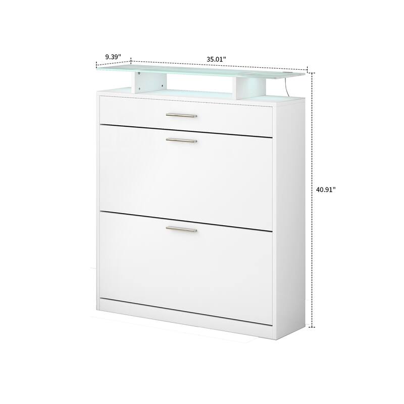 Wooden Shoe Storage Cabinet with Glass Top and LED Light Clamps