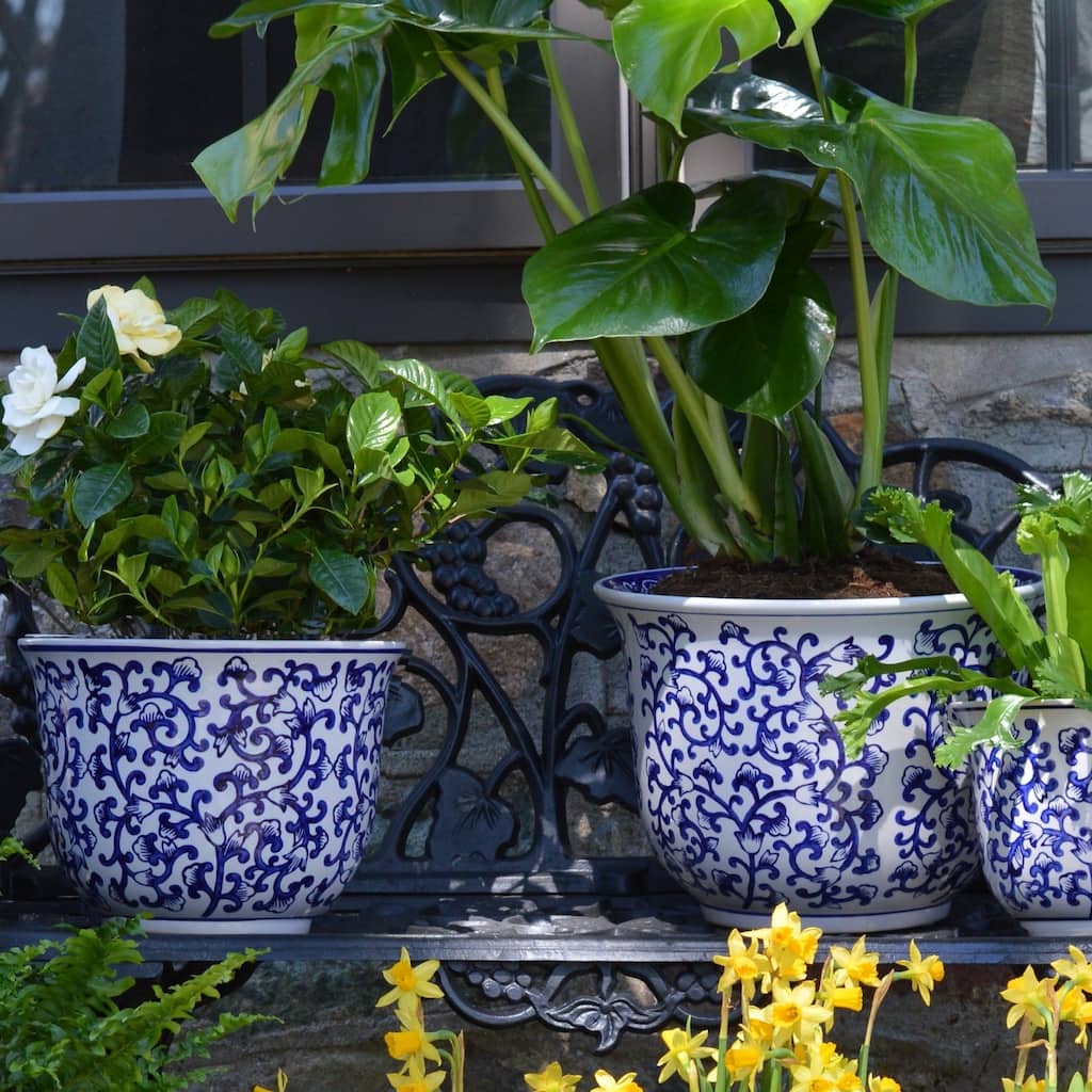 Euro Ceramica 3 Piece Blue and White Ceramic Florentine Garden Planter Set - Set of 3