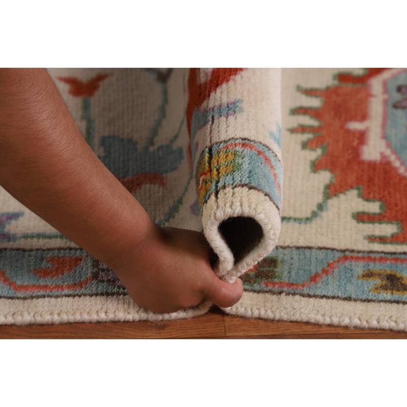 Beige Transitional Floral Oushak Area Rug Hand-Knotted Wool Carpet - 8'9" x 12'0"