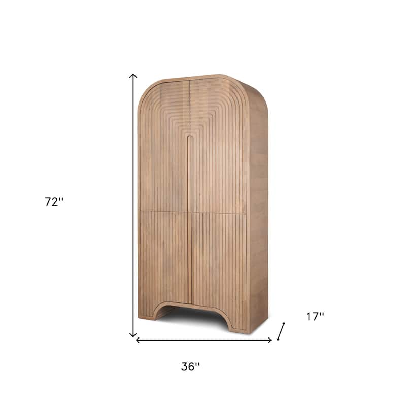 HomeRoots 72" Natural Solid Wood Textured Door Arched Cabinet With Four Doors