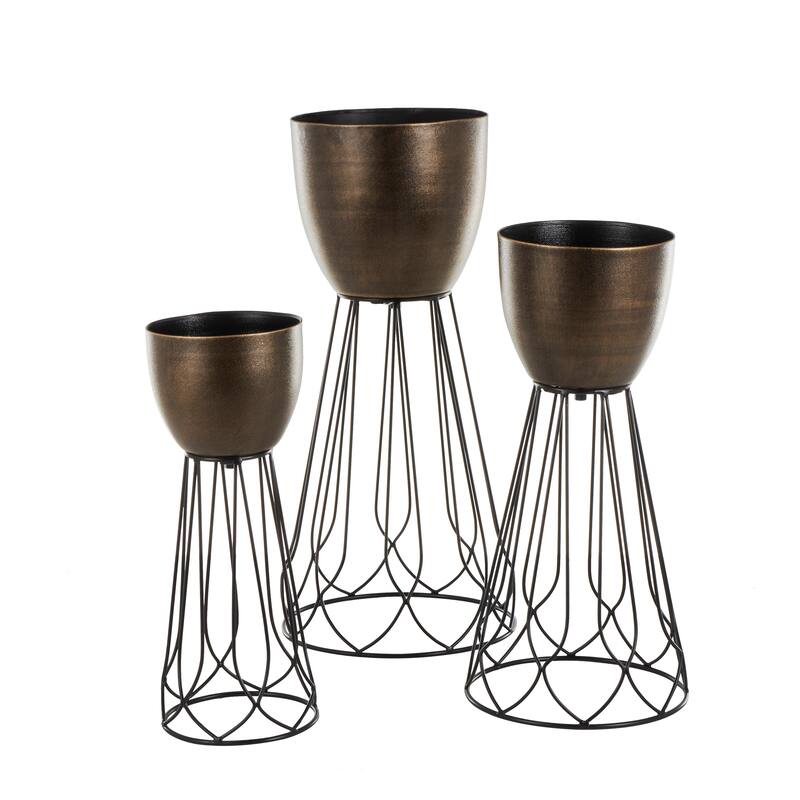 Bronze Metal Textured Indoor Outdoor Planter with Black Wire Cone Shaped Bases (Set of 3)