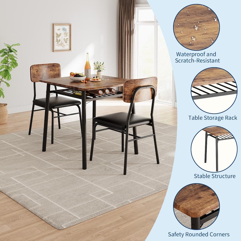 3-Piece Dining Room Set, with Storage Rack and Metal Frame