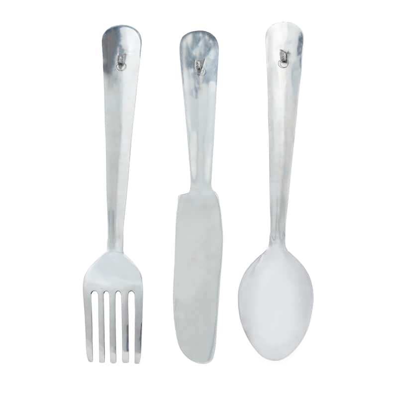 Aluminum Metal Large Knife, Spoon, and Fork Utensils Wall Decor (Set of 3) - Silver or Copper