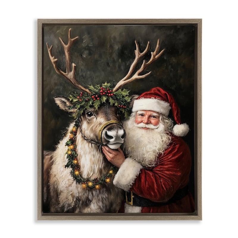 Stupell Santa & Reindeer Portrait Framed Floater Canvas Wall Art Design By Arlington Prints - 25 x 31 - Brown