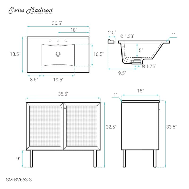 Classe 36 In. Brown Bathroom Vanity With White, 3-Hole Ceramic Sink Top