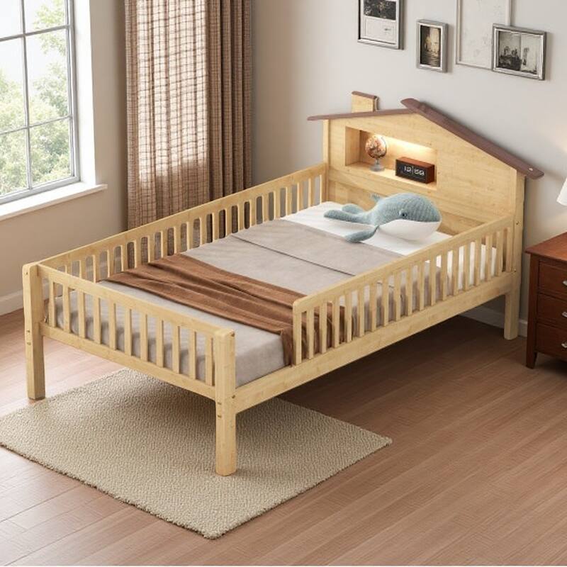 Twin Size Platform Bed with LED-Lit House Headboard, Built-in Storage Nook and Guardrails - Twin Natural - Twin