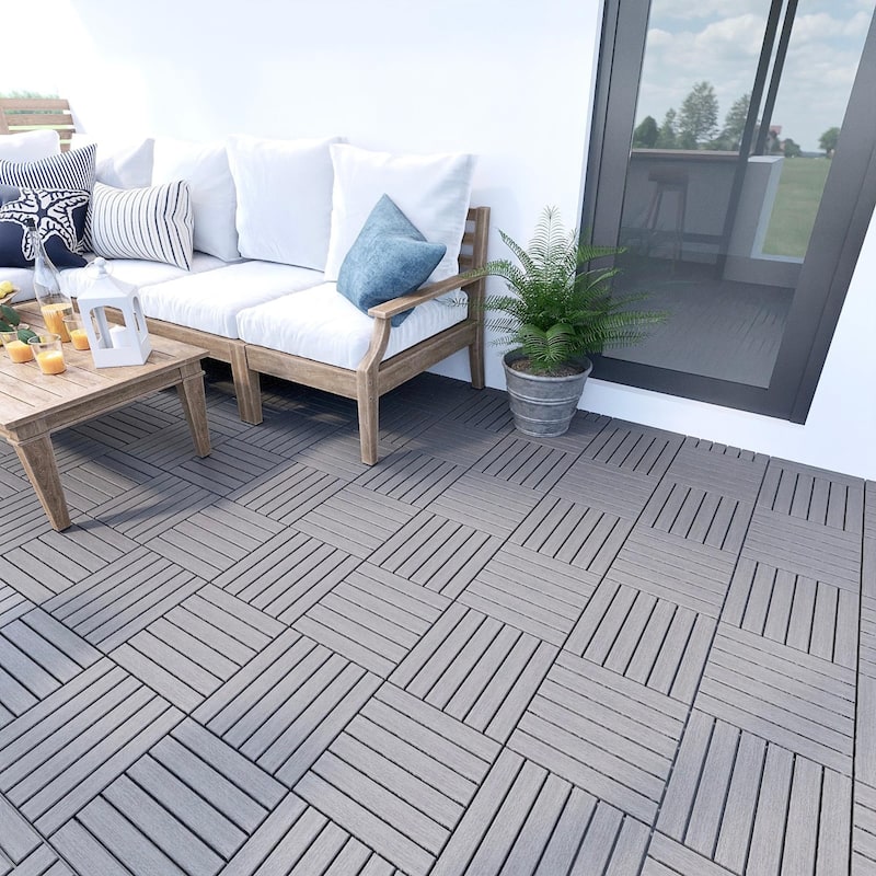 12"x12" Light Gray Acacia Hardwood Deck Tiles, Interlocking Outdoor Flooring for Patio, Pool
