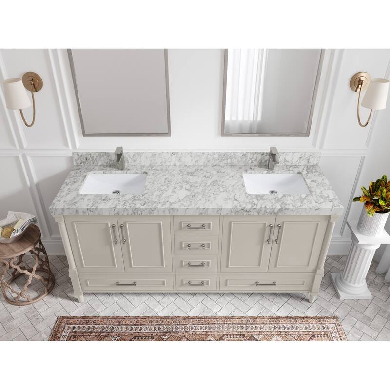 Willow Collections 72 in. W x 22 in. D Aberdeen Double Sink Bathroom Vanity with Countertops - 2" Carrara Marble - Fine Grain