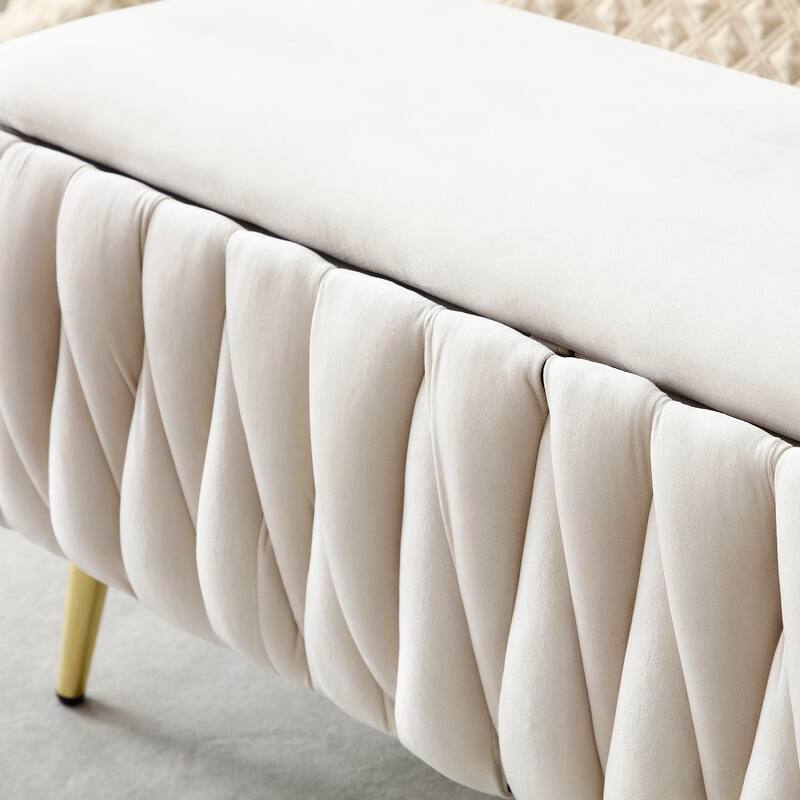 Oval Storage Bench with Gold Legs,Velvet Fabric Upholstered Ottoman Storage Benches for Bedroom End of Bed,Sherpa Fabric Bench