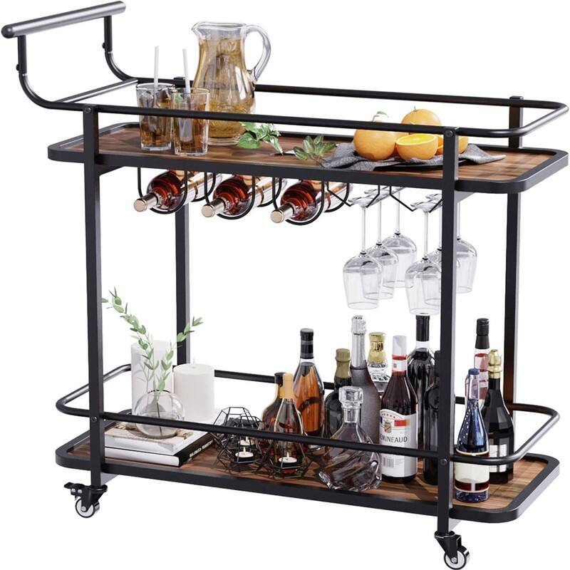 Gold Bar Cart with Wheels for Home 2 Tier Mobile Serving Cart - 16.53"D x 35.4"W x 35.4"H - Black
