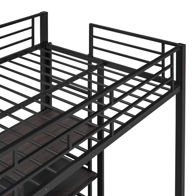 Twin Size Metal Loft Bed with Desk, Whiteboard, Shelves, and Ladder