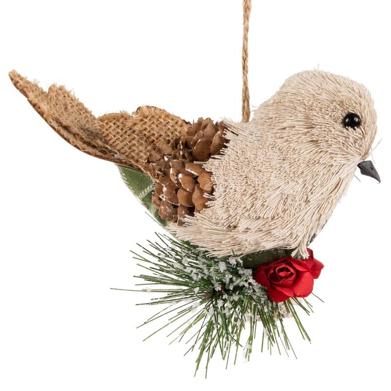 6.75" Front Facing Plaid Bird Frosted Pine Needle Christmas Ornament