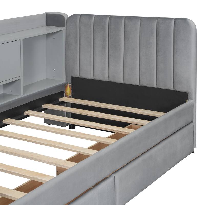 Twin Size Upholstered Daybed with Drawers, Shelves, Flip Cabinets & Side Table, Beige