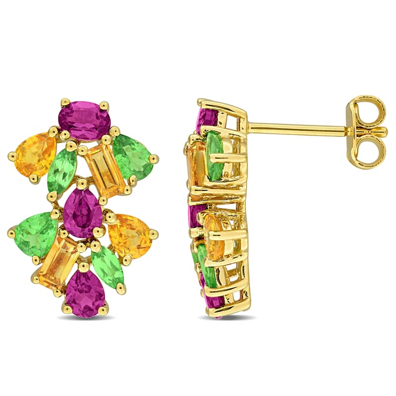 Miadora Multi-Gem Double Floral Drop Earrings Sterling Silver - Green