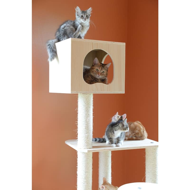 Real Wood Premium Scots Pine 69-Inch Cat Tree with Five Levels, Perch, Condo - Natural Beige