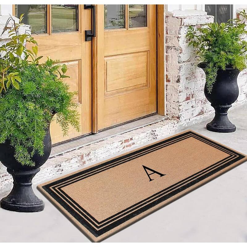 A1HC Natural Coir Monogrammed Flock Anti shed Treated Durable Doormat BlackBeige