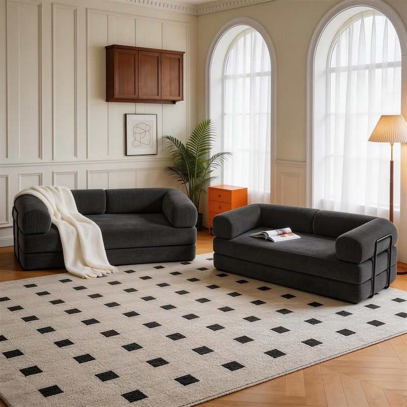 Set of 2 Corduroy Fully Compressed Convertible Sleeper Sofa with Metal Frame