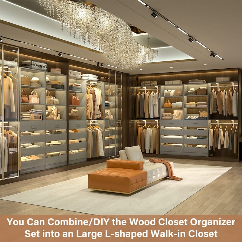 Set of 2 Closet System with Wooden Drawers and Hanging Rods, Closet Organizer with Adjustable Storage Shelves