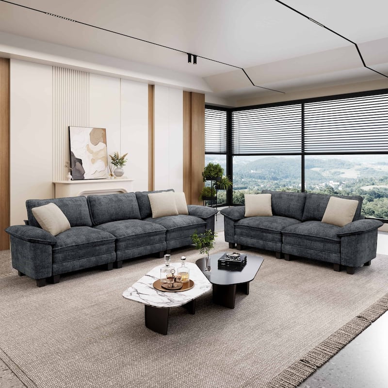 MAISON ARTS 2-Piece Chenille & Corduroy Sofa Set, Comfy 3/4/5-Seater Modular Loveseat & Armchair with Throw Pillows - Blue Grey Chenille(5 Pieces) - Left Facing