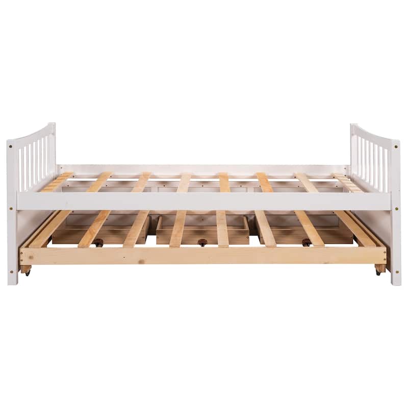Twin Wooden Daybed with Trundle, Drawers & Headboard