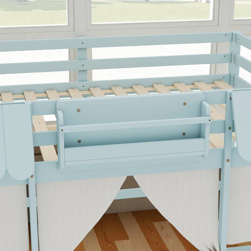 Twin/Full Loft Bed with Bookshelf, Curtain Playhouse, Storage Shelf, Cottage Roof Design and Safety Guardrails for Kids