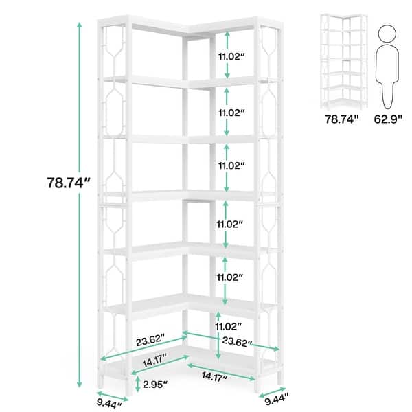 dimension image slide 1 of 4, 7-Tier Corner Bookshelf, White Corner Shelf Modern Etagere Bookcase