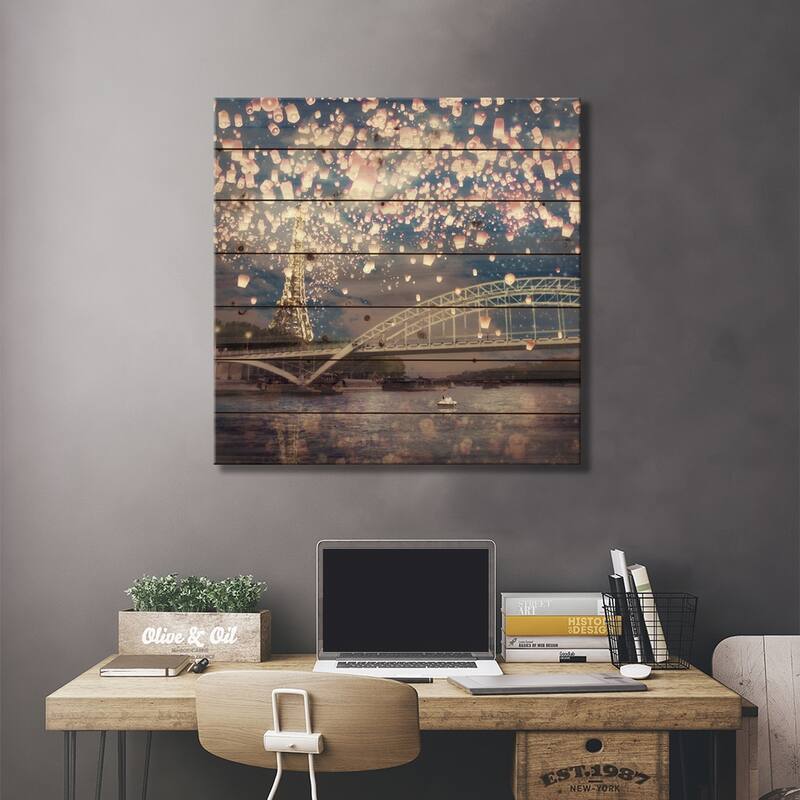 Love Wish: Lanterns Over Paris Print On Wood by Paula Belle Flores - Multi-Color