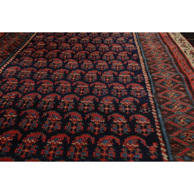 Antique Kerman Traditional Boteh 3'x17'7'' Hand Knotted Wool Navy low pile all over Rug - 3' x 17' 7''