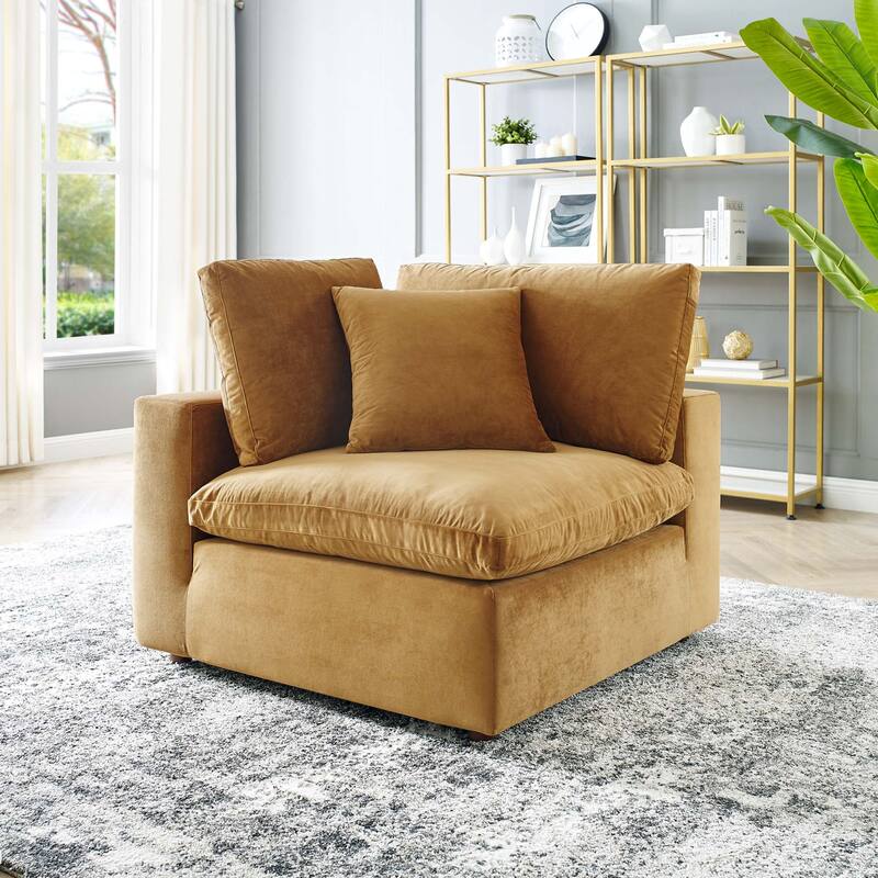 Commix Down Filled Overstuffed Performance Velvet Corner Chair - Cognac