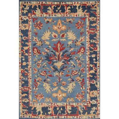 Hand Knotted Oriental 100% Wool Carpet Transitional Floral Navy Blue & Blues Oushak Area Rug - 9' 7'' X 8' 5''