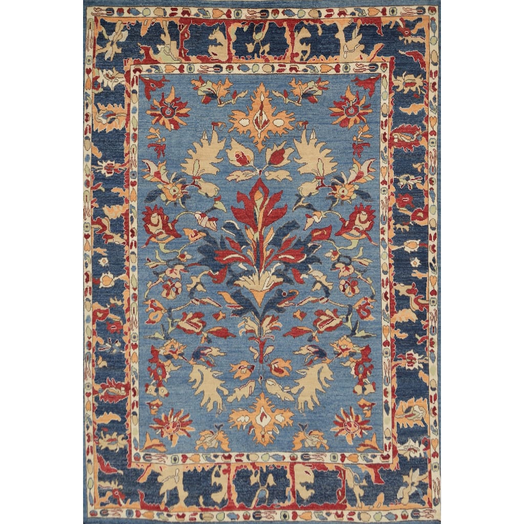 Hand Knotted Oriental 100% Wool Carpet Transitional Floral Navy Blue & Blues Oushak Area Rug - 9' 7'' X 8' 5''
