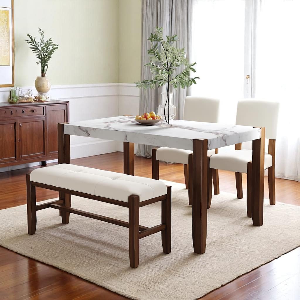 4-Piece Dining Table Set with Faux Marble 46" Table, 2 Upholstered Chairs and Bench for Dining Room or Kitchen