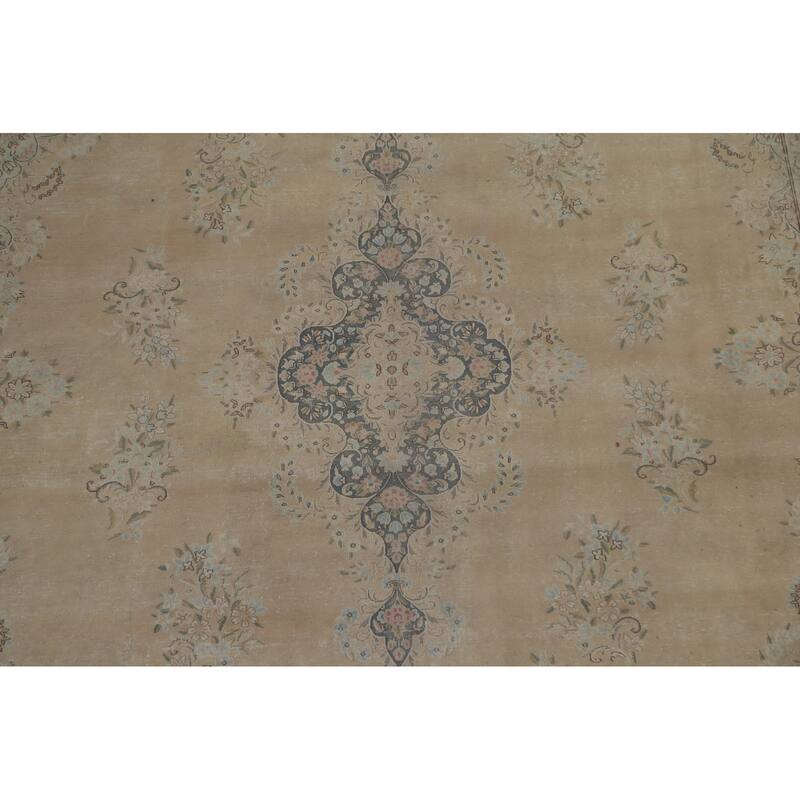 Distressed Floral Kerman Persian Area Rug Hand-knotted Wool Carpet - 10'1" x 14'1"